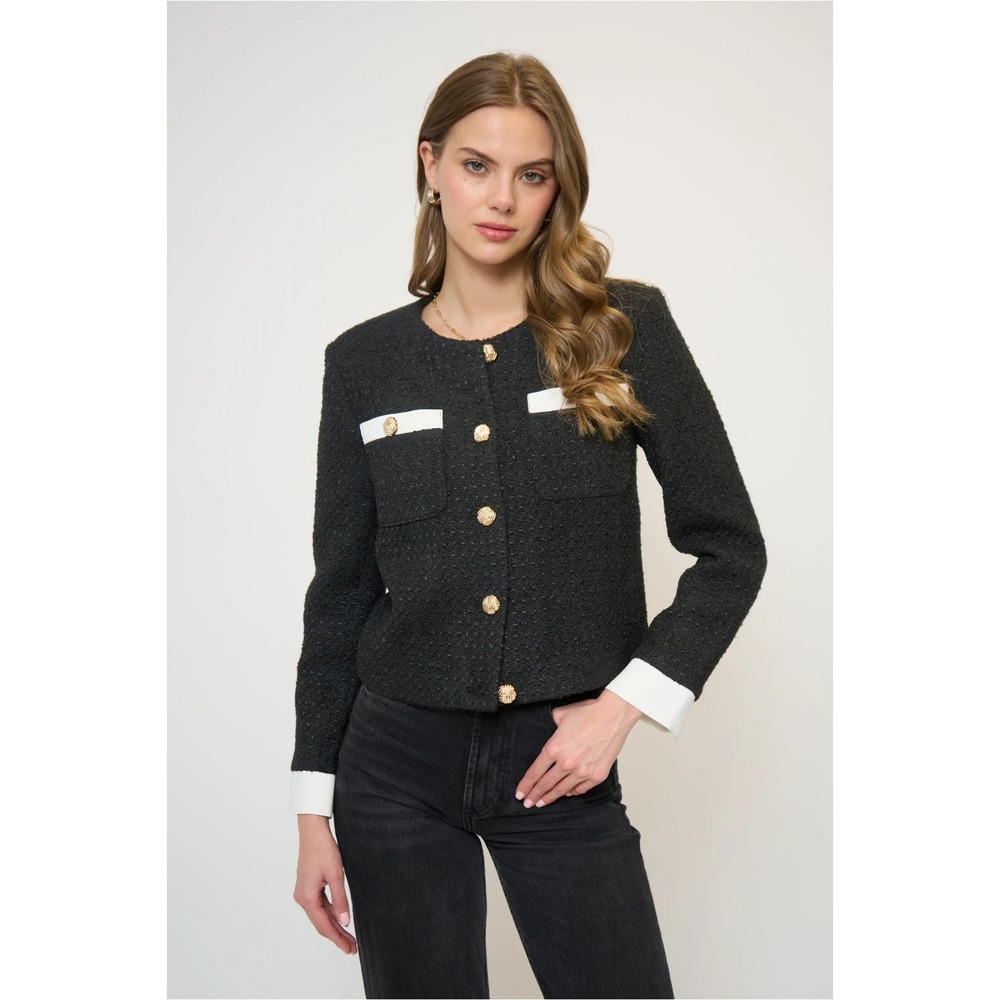 NWT Central Park West Coco Tweed Jacket S Black Cropped Gold Buttons Blazer $285